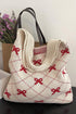 Cable Knit Argyle Pattern Bow Accent Double Handle Tote Bag