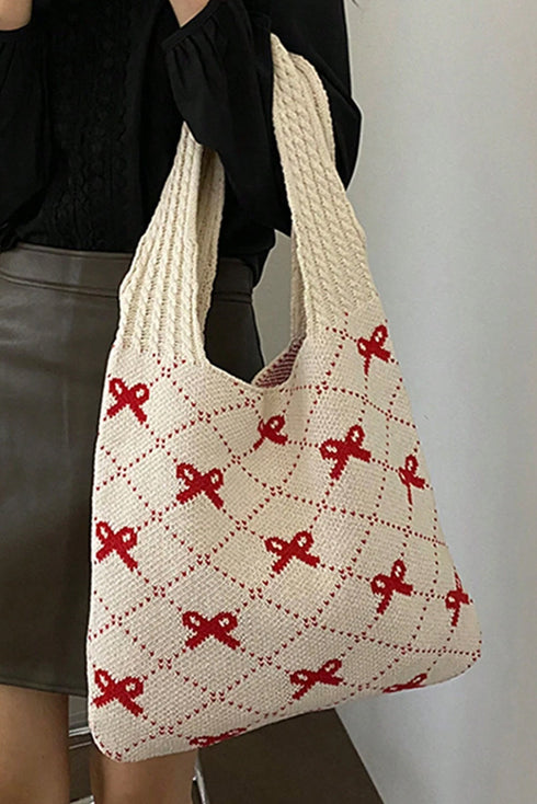 Cable Knit Argyle Pattern Bow Accent Double Handle Tote Bag