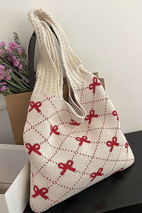 Cable Knit Argyle Pattern Bow Accent Double Handle Tote Bag