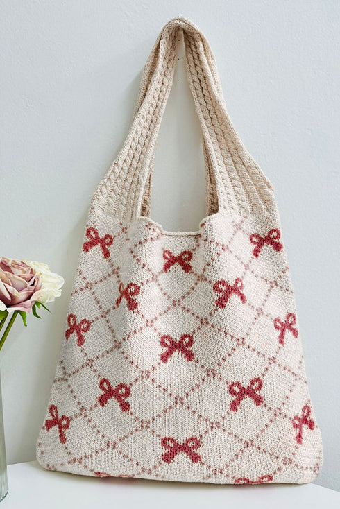 Cable Knit Argyle Pattern Bow Accent Double Handle Tote Bag
