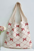 Cable Knit Argyle Pattern Bow Accent Double Handle Tote Bag