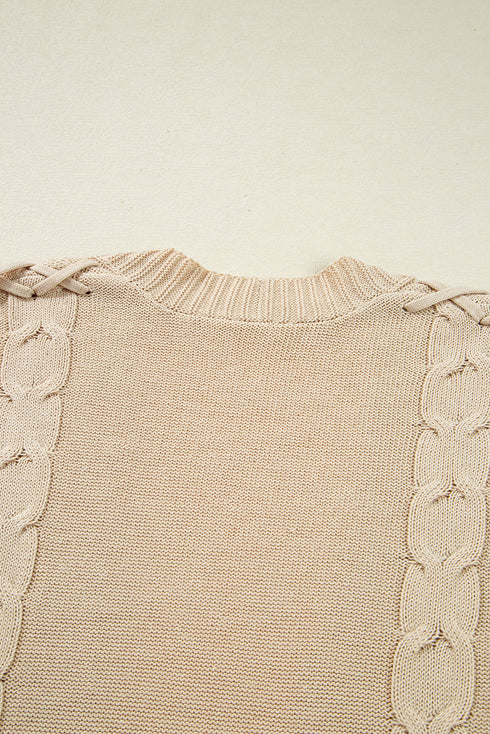 Cable Knit Braided Tie Sleeve Open Front Cardigan