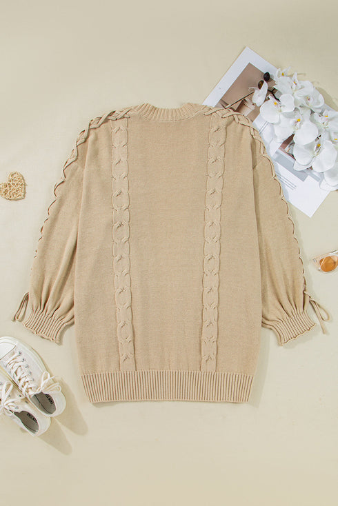 Cable Knit Braided Tie Sleeve Open Front Cardigan