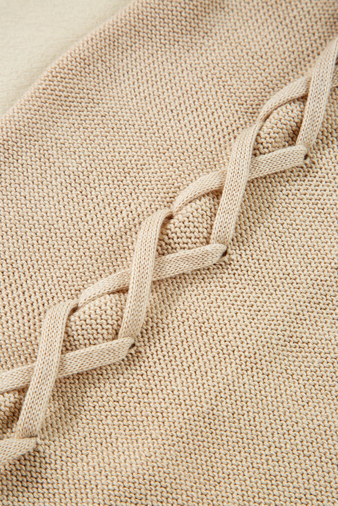 Cable Knit Braided Tie Sleeve Open Front Cardigan
