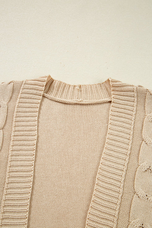 Cable Knit Braided Tie Sleeve Open Front Cardigan
