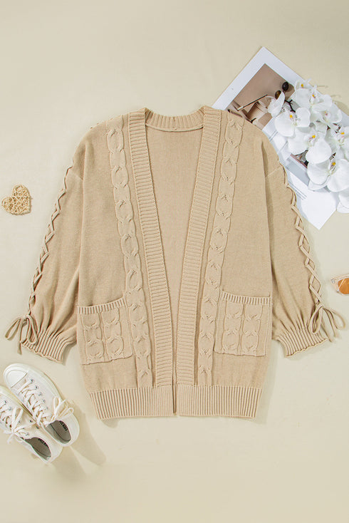 Cable Knit Braided Tie Sleeve Open Front Cardigan