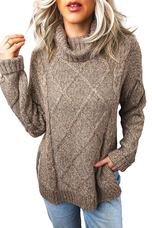 Cable Knit High Neck Drop Shoulder Sweater