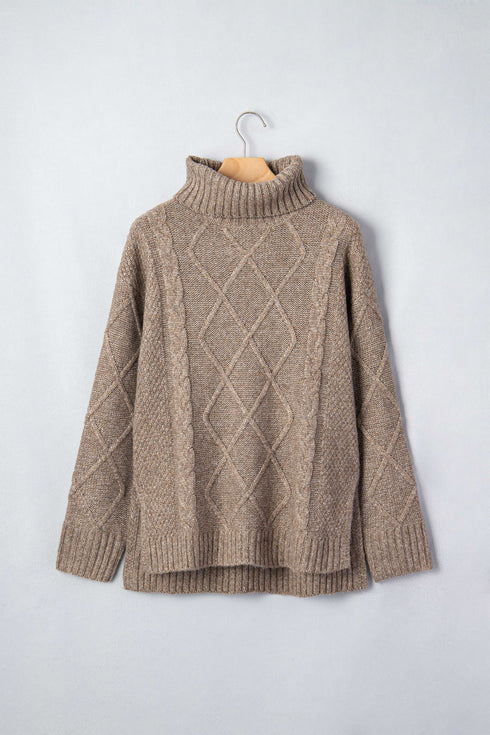 Cable Knit High Neck Drop Shoulder Sweater