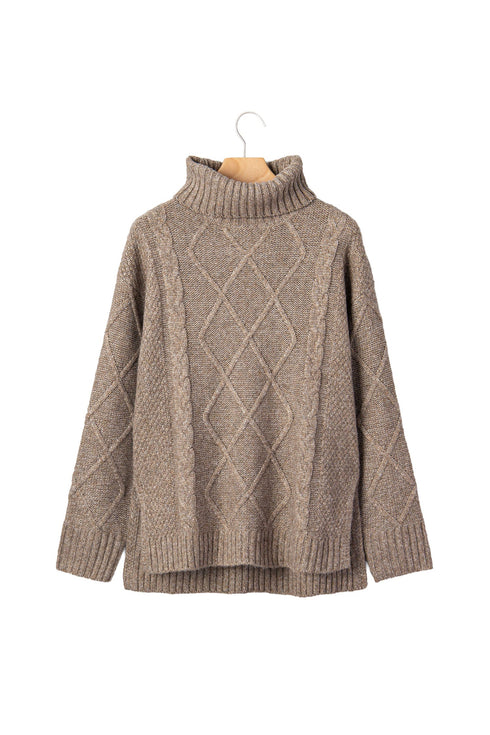 Cable Knit High Neck Drop Shoulder Sweater