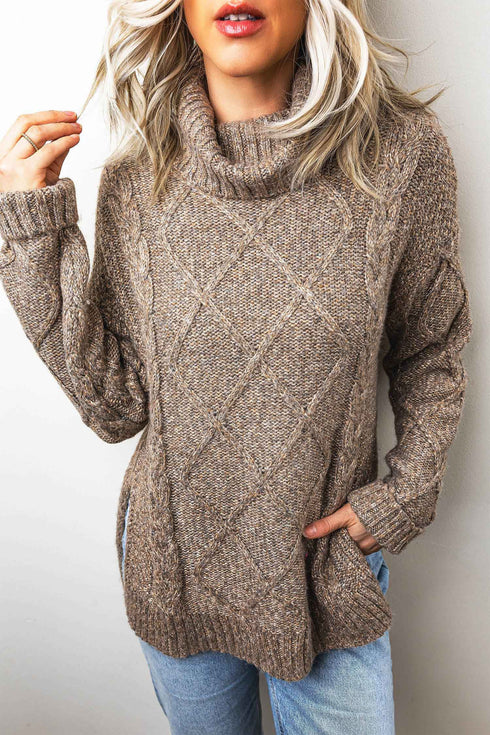 Cable Knit High Neck Drop Shoulder Sweater