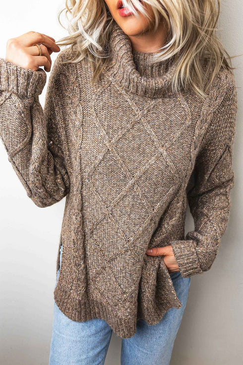 Cable Knit High Neck Drop Shoulder Sweater