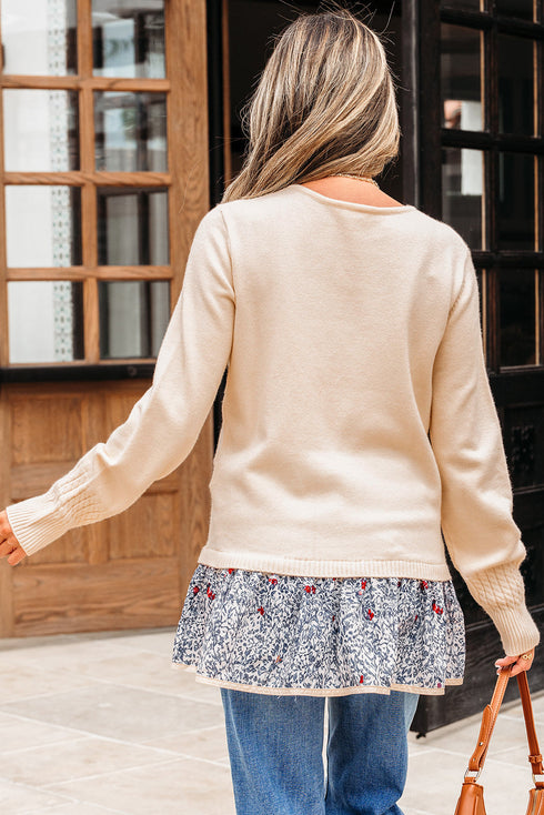 Cable Knit Layered Look Ruffle Hem Pullover Sweater