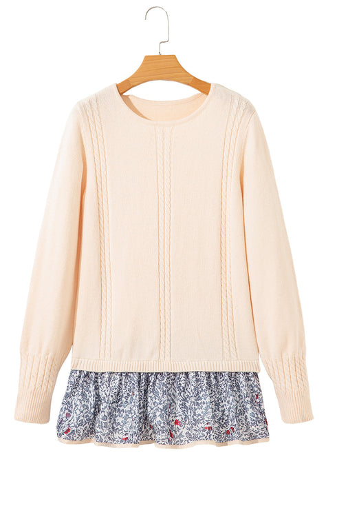 Cable Knit Layered Look Ruffle Hem Pullover Sweater
