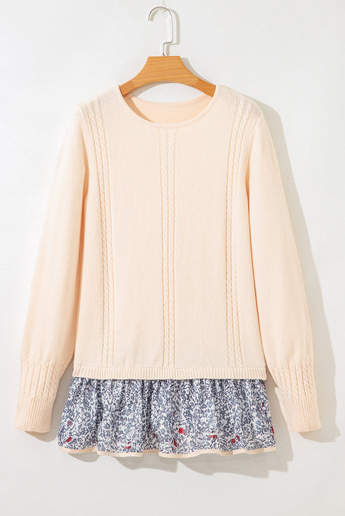 Cable Knit Layered Look Ruffle Hem Pullover Sweater