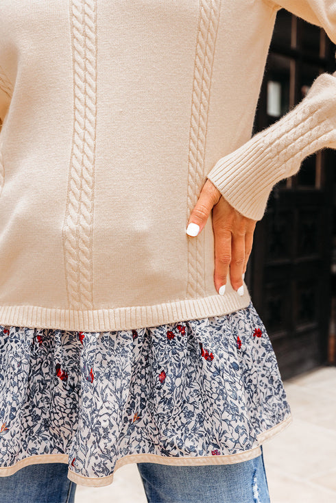 Cable Knit Layered Look Ruffle Hem Pullover Sweater
