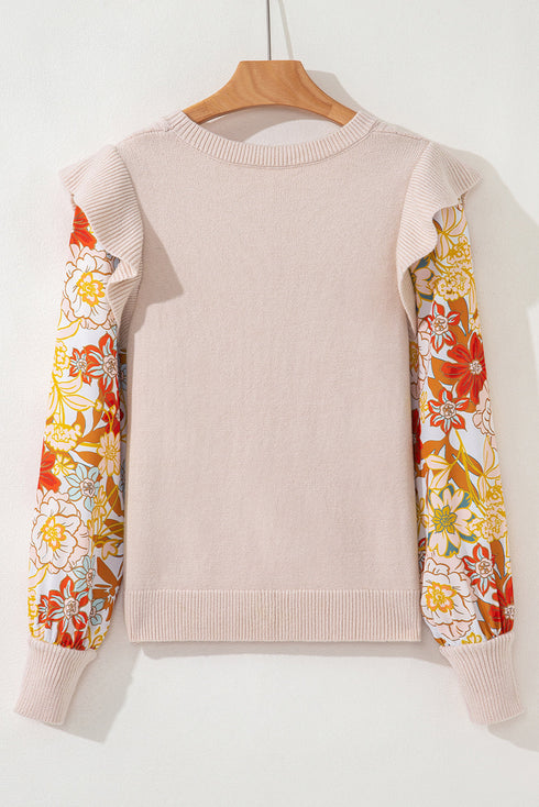 Cable Knit Mixed Media Ruffle Sleeve Sweater