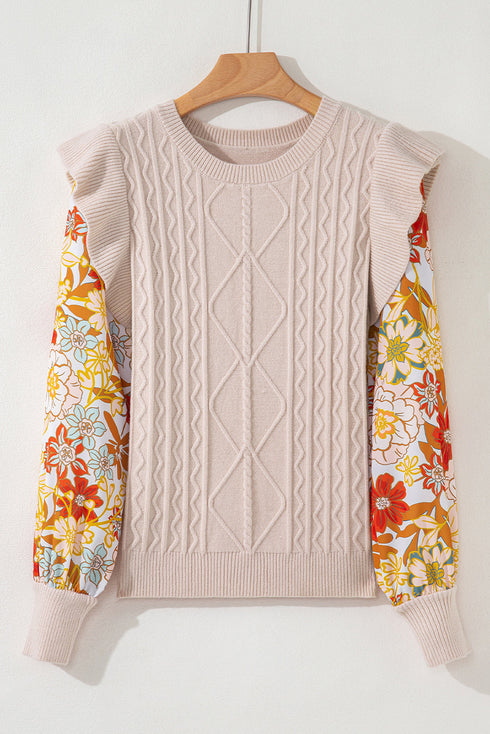 Cable Knit Mixed Media Ruffle Sleeve Sweater