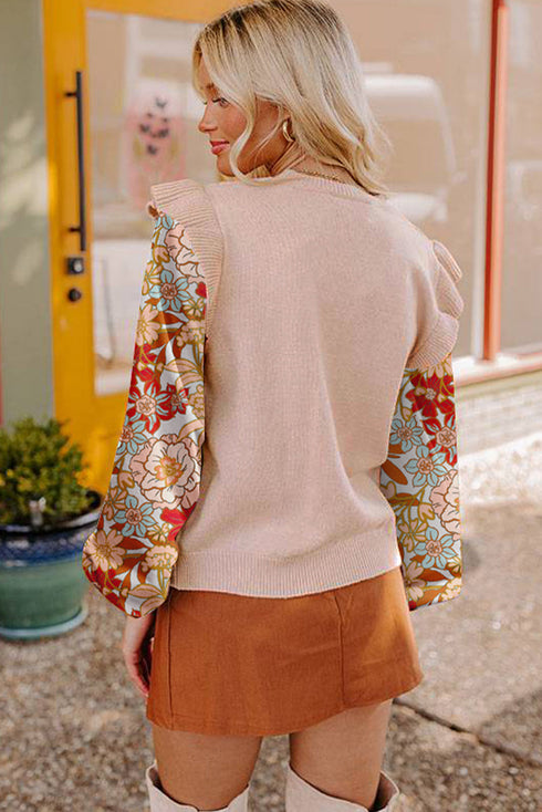 Cable Knit Mixed Media Ruffle Sleeve Sweater