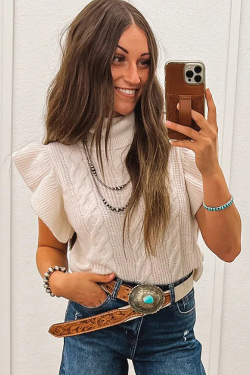Cable Knit Mock Neck Ruffle Sleeve Sweater Top