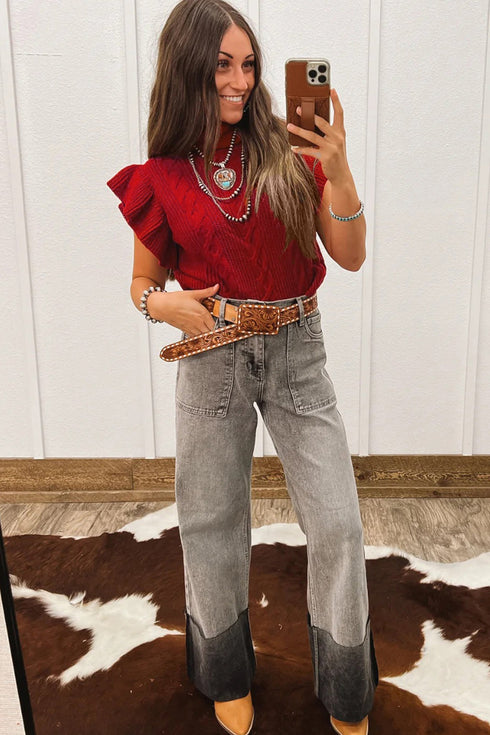 Cable Knit Mock Neck Ruffle Sleeve Sweater Top