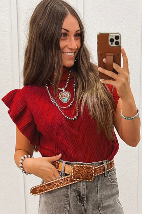 Cable Knit Mock Neck Ruffle Sleeve Sweater Top