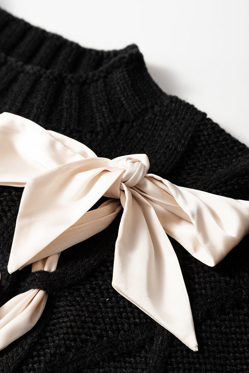 Cable Knit Mock Neck Satin Ribbon Sweater Vest