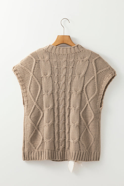 Cable Knit Mock Neck Satin Ribbon Sweater Vest
