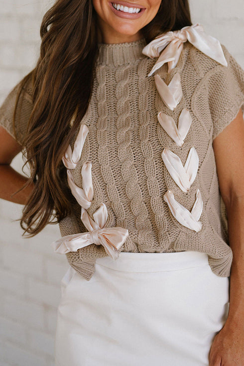 Cable Knit Mock Neck Satin Ribbon Sweater Vest