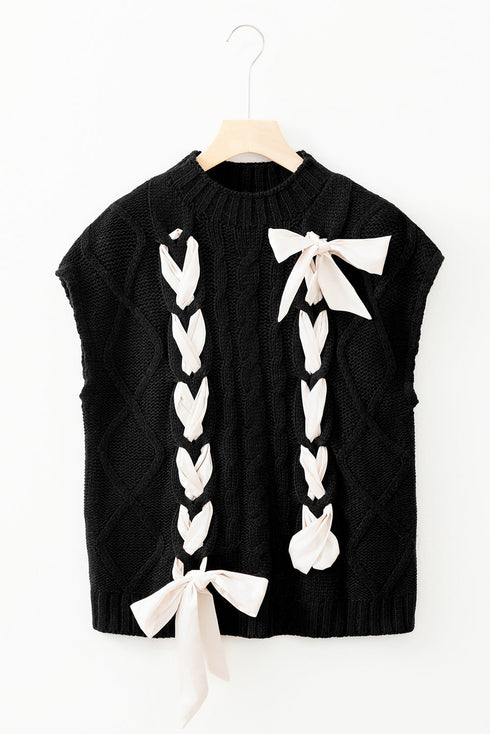 Cable Knit Mock Neck Satin Ribbon Sweater Vest