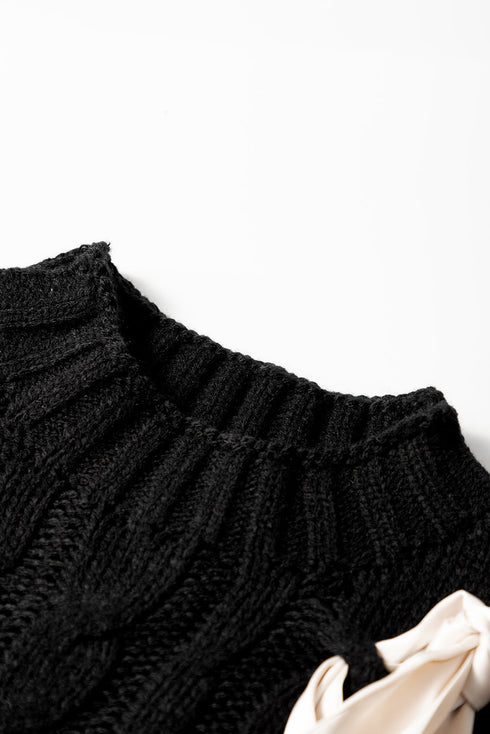 Cable Knit Mock Neck Satin Ribbon Sweater Vest