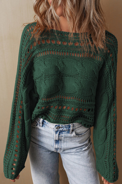 Cable Knit Open Weave Boat Neck Sweater