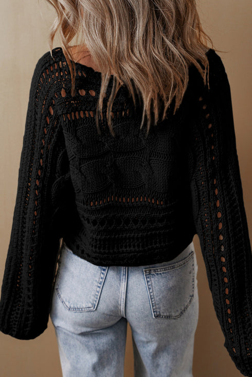 Cable Knit Open Weave Boat Neck Sweater