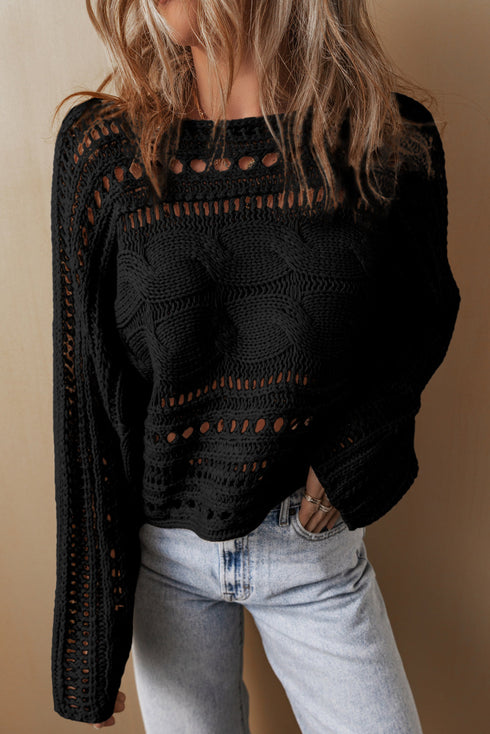 Cable Knit Open Weave Boat Neck Sweater