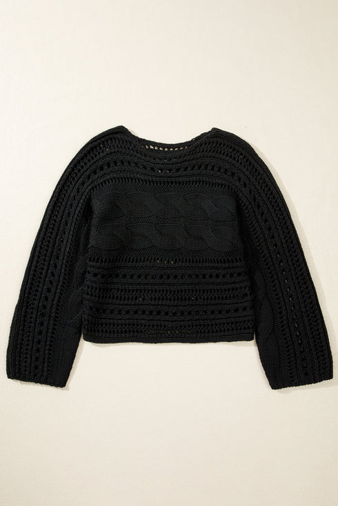 Cable Knit Open Weave Boat Neck Sweater