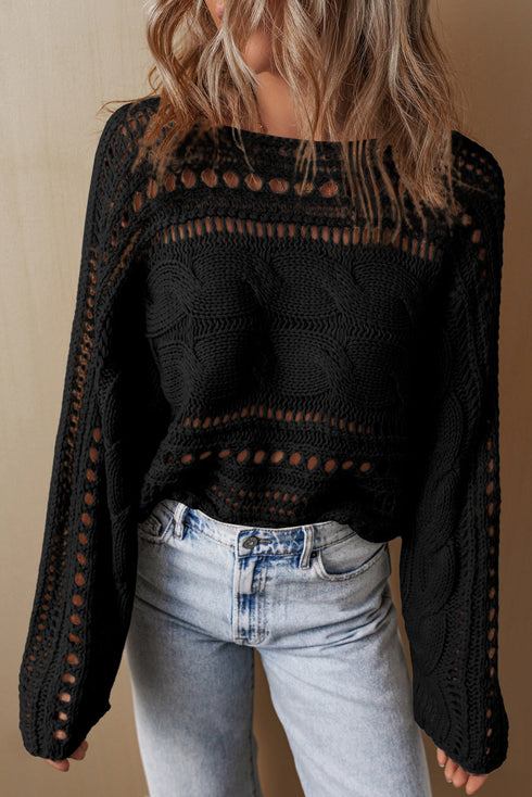 Cable Knit Open Weave Boat Neck Sweater