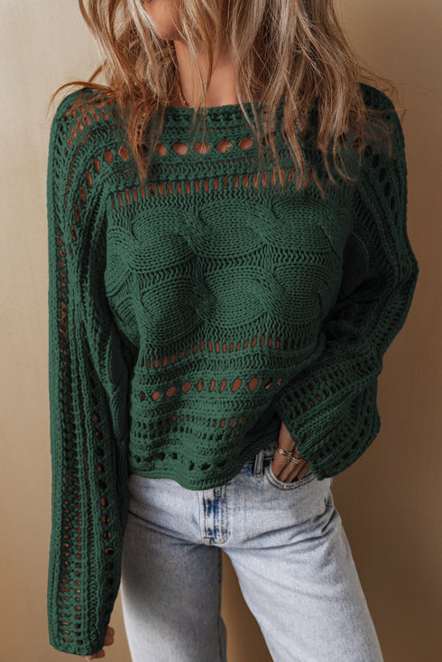 Cable Knit Open Weave Boat Neck Sweater