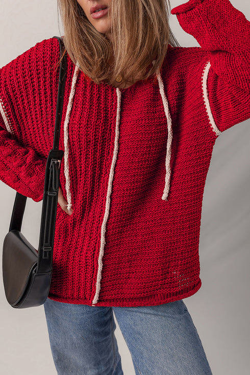Cable Knit Sleeve Exposed Seam Pullover Hooded Sweater