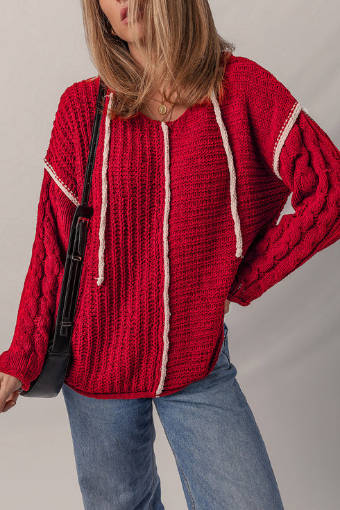 Cable Knit Sleeve Exposed Seam Pullover Hooded Sweater