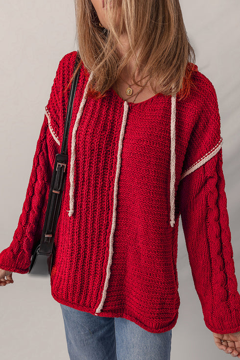 Cable Knit Sleeve Exposed Seam Pullover Hooded Sweater