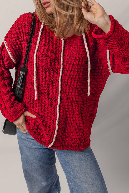 Cable Knit Sleeve Exposed Seam Pullover Hooded Sweater