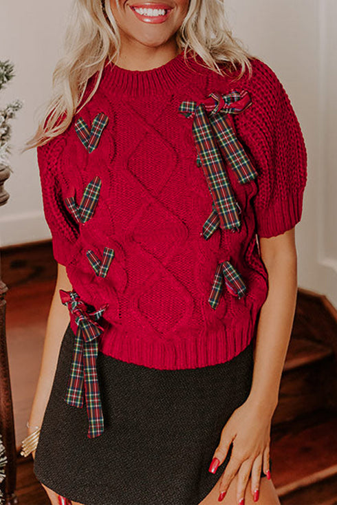 Cable Knit Tartan Ribbon Lace Up Short Sleeve Sweater