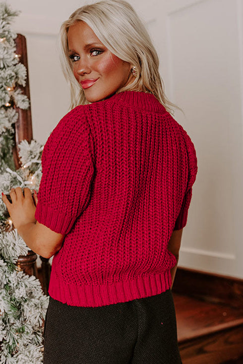 Cable Knit Tartan Ribbon Lace Up Short Sleeve Sweater