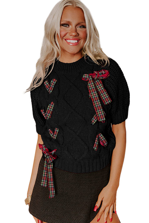 Cable Knit Tartan Ribbon Lace Up Short Sleeve Sweater