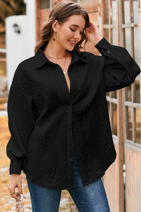 Cable Texture Button Front Puff Sleeve Shacket