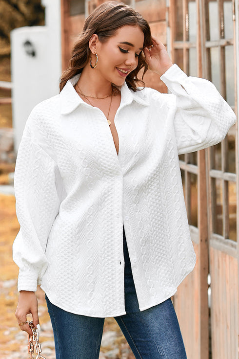 Cable Texture Button Front Puff Sleeve Shacket