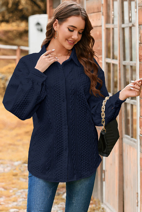 Cable Texture Button Front Puff Sleeve Shacket