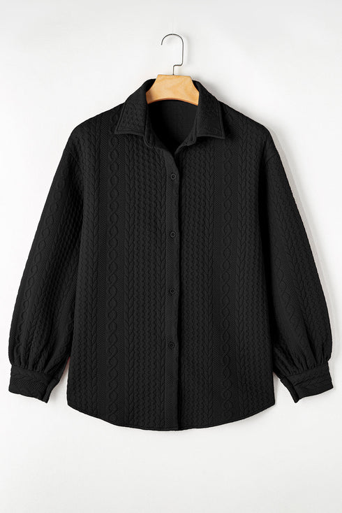 Cable Texture Button Front Puff Sleeve Shacket