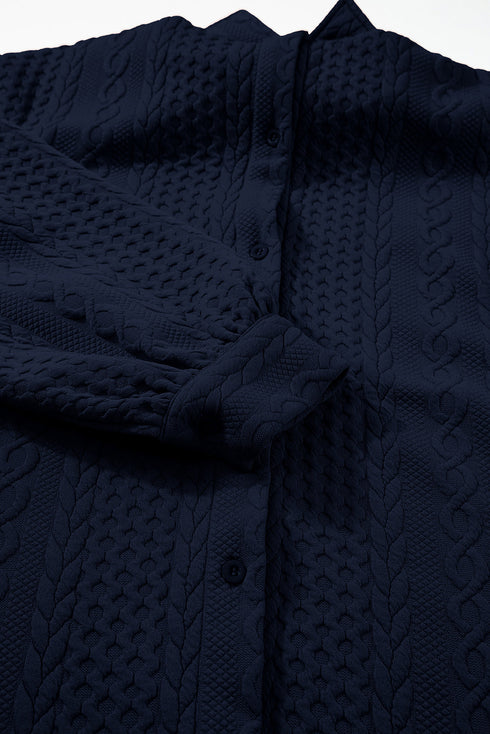 Cable Texture Button Front Puff Sleeve Shacket
