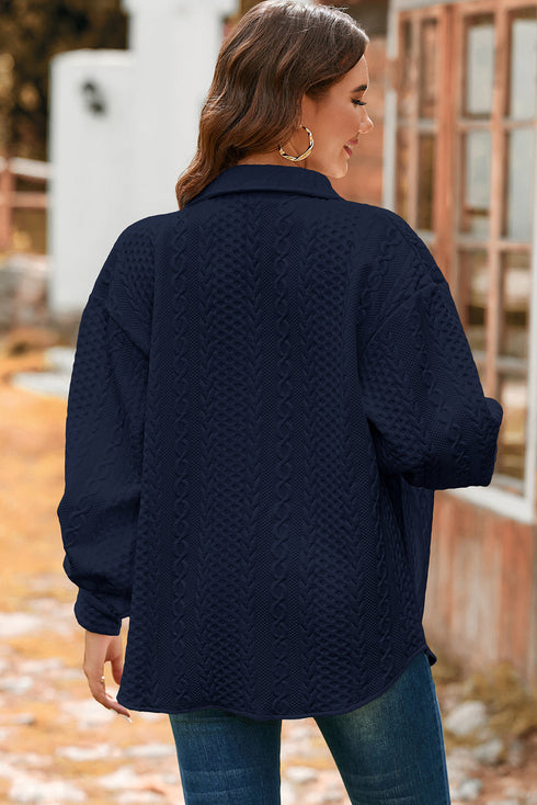 Cable Texture Button Front Puff Sleeve Shacket