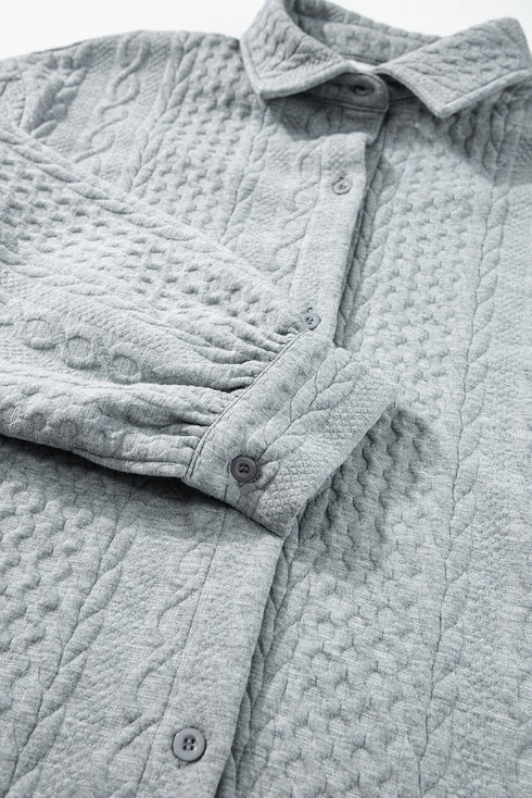 Cable Texture Button Front Puff Sleeve Shacket